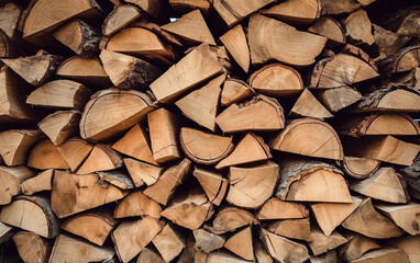 A pile of stacked firewood texture background. Generative AI 