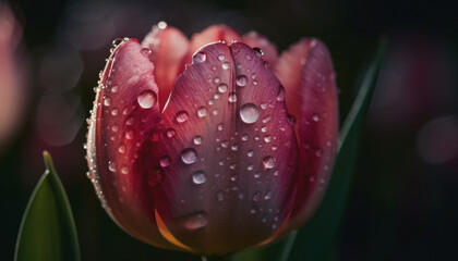 Vibrant tulip blossom, wet with raindrop dew generated by AI