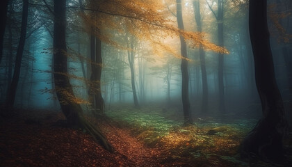 Mysterious forest, spooky fog, tranquil autumn beauty generated by AI