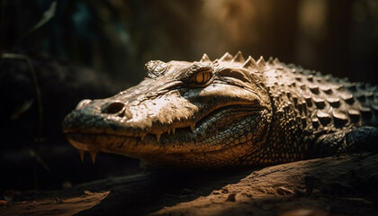 Obraz premium Crocodile teeth glisten in the wet swamp generated by AI