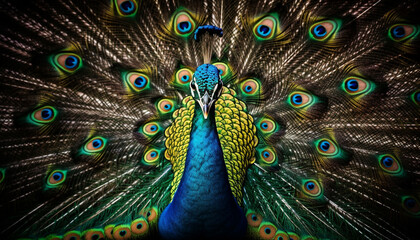 Obraz premium Majestic peacock displays vibrant multi colored feather pattern generated by AI