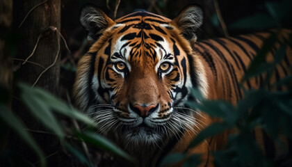 Majestic Bengal tiger staring, close up portrait generated by AI