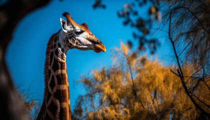 Giraffe standing majestically, looking at camera closely generated by AI