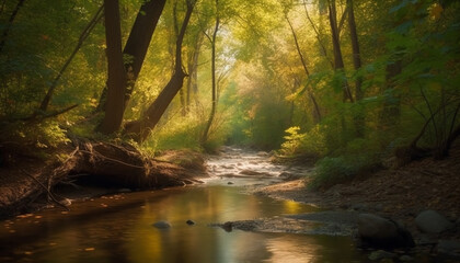 Obraz premium Tranquil scene of autumn forest by water generated by AI