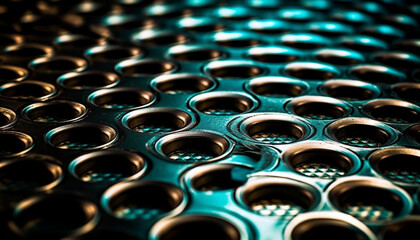 Obraz premium Shiny metallic circle reflects wet blue backdrop generated by AI