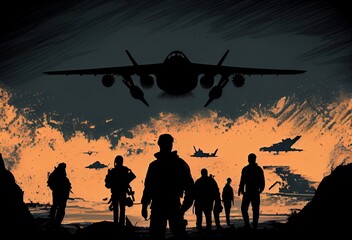 Fototapeta na wymiar Soldiers With Aircraft At Sunrise Backdrop Generative AI