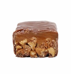 Piece of sweet tasty chocolate bar on white background
