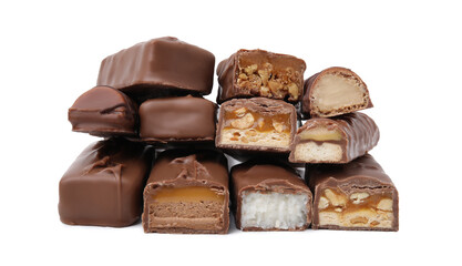 Pieces of different tasty chocolate bars on white background