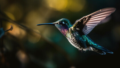 Obraz premium Iridescent rufous hummingbird hovering mid air, pollinating flower generated by AI