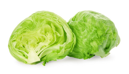 Fototapeta premium Whole and cut fresh green iceberg lettuces isolated on white