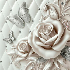 silk white rose and white butterflies on white leather - obrazy, fototapety, plakaty