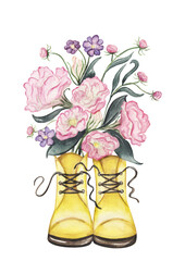 yellow boots with pink flowers on a white background