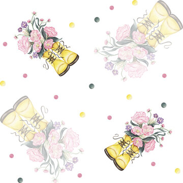 seamless pattern with yellow boots and flowers