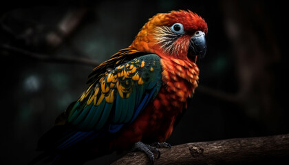 Fototapeta premium Vibrant macaw perching on branch in rainforest generated by AI