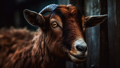 Curious goat looking at camera on farm generated by AI