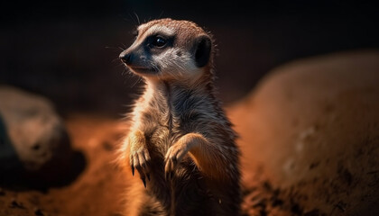 Fototapeta premium Small meerkat standing alert, watching wildlife in Africa generated by AI