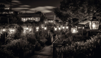 Black and white lantern illuminates city street at dusk generated by AI