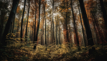 Obraz premium Vibrant autumn colors paint tranquil forest scene generated by AI