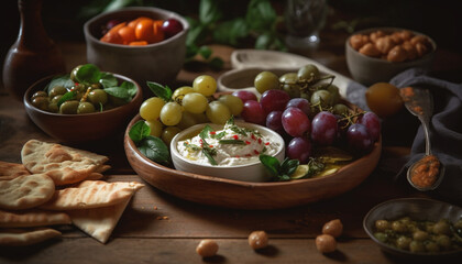 Fresh fruit bowl on rustic wooden table generated by AI