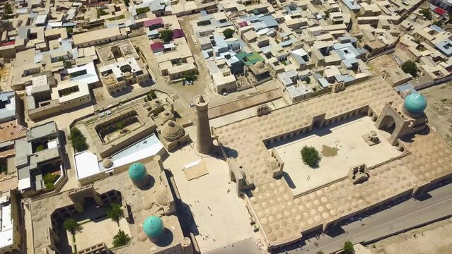 Drone shot one of the largest congregational mosque in Central Asia, Poi Kalyan Mosque in Bukhara, Uzbekistan