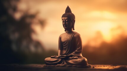 Buddha statue on sunset background.Generative Ai