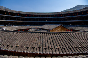 Fototapeta na wymiar The interior roofs of Fujian earthen buildings (also known as Hakka tulou). These buildings are in Chuxi village