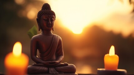 Buddha statue on sunset background.Generative Ai