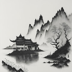 Muted Chinese ink painting scroll, muted colors, rice paper texture, splash paint