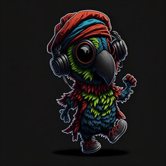 Sticker. Anthropomorphic cute and adorable charming smiling dancing colorful pirate parrot wearing headphone