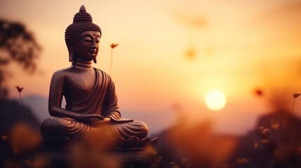 Buddha statue on sunset background.Generative Ai