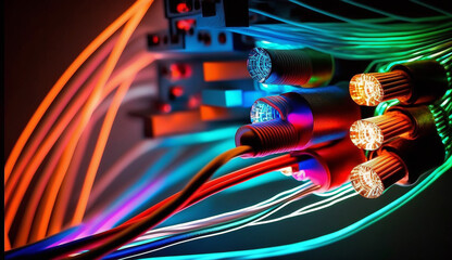 Colored electric cables and led. optical fiber, intense colors, background for technology image and new business trends. Generative AI