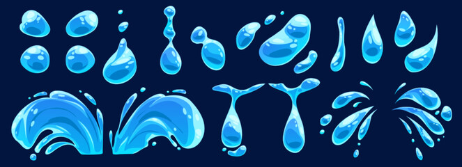 Cartoon set of water drops and splashes isolated on black background. Vector illustration of blue rain droplets, tears, shower spray, dew blobs, symbol of moisture, wet surface design elements - obrazy, fototapety, plakaty