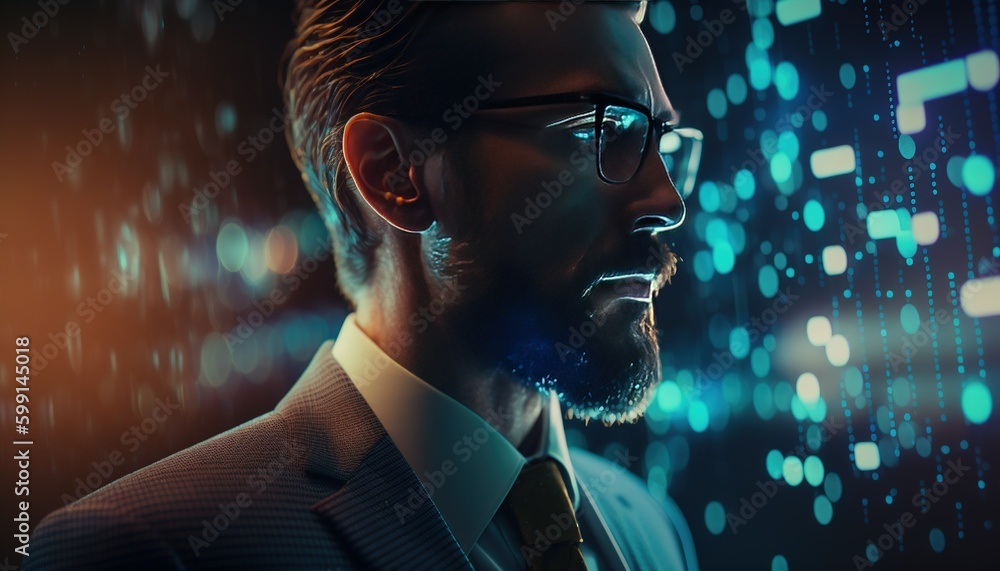 Poster a data scientist and data analyst working with finance business data with holographic technology, bu