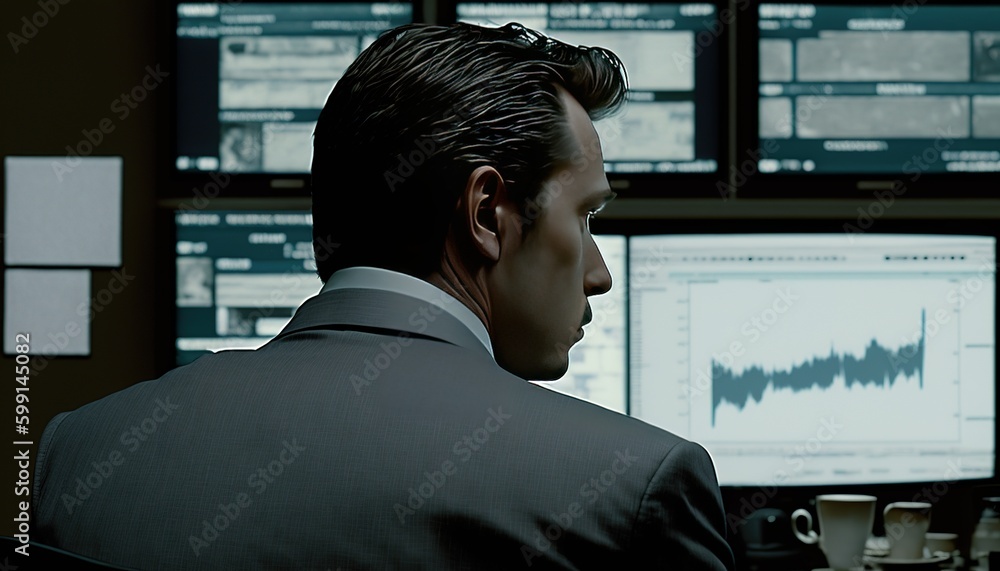 Poster businessman analyzing and visualizing complex issues of business work on screen, and data scientists
