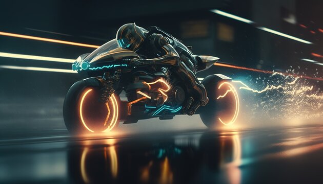 Advanced technology bike with hyperspeed on track with light speed engine with the most circular speed in future. Generative ai image. 