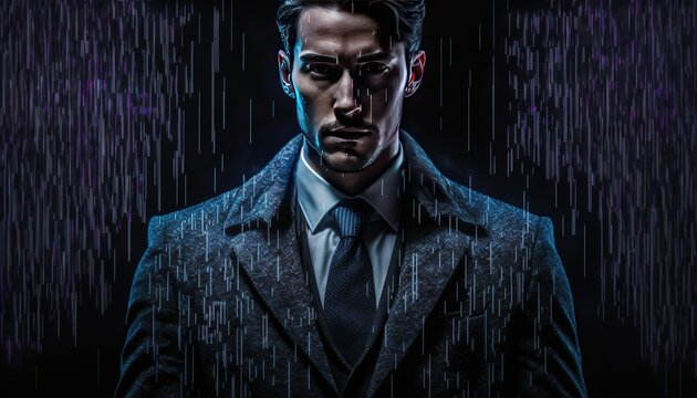 A businessman on a black background with wearing suit, businessman in rain with black background. Generative ai image.