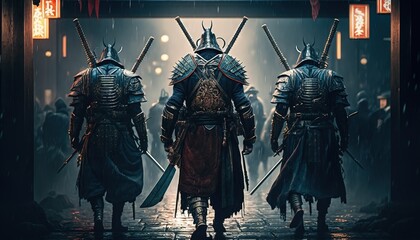 an assassin going to war with full armored with armor and weapons, a group of knight warrior samurai is on a mission. Generative AI