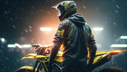mountain bike driver ready for race with safety gears and a helmet with aggression, a motorbike racer stands on the track with a mountain bike. Generative AI