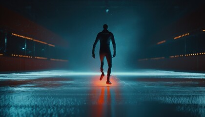 Fototapeta na wymiar man running and workout on the empty ground with a blue spark light with glowing lights. Generative AI