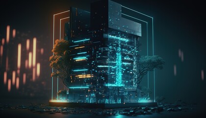 Blockchain technology mind-brain with a tree surrounded by blue glass and a hologram view. Generative AI