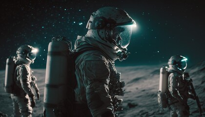 Fototapeta premium astronaut on the moon with swearing white astronaut suit, moon space. Generative AI