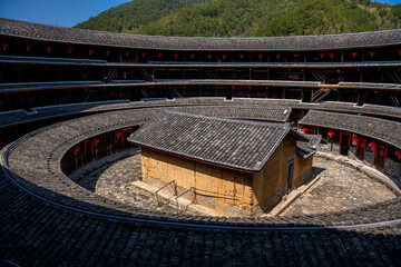 Picture Inside of a Tulou. Photo inside of the Chuxi tulou cluster, Fujian, China. Translation from the Chinese "Earth building". UNESCO World Heritage site