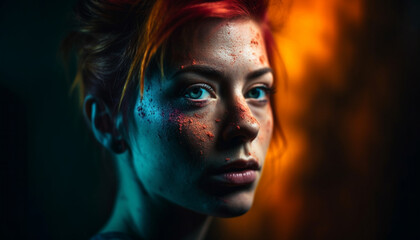 Young adult woman with fiery red hair generated by AI