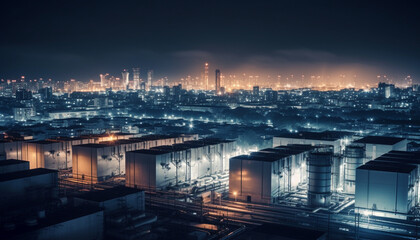 Illuminated cityscape at dusk with industrial pollution generated by AI
