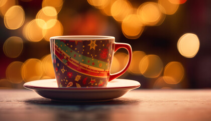 Obraz premium Bright cappuccino mug on wooden table, defocused background generated by AI