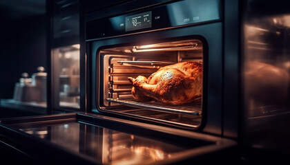 Roast turkey cooking on stove in kitchen generated by AI