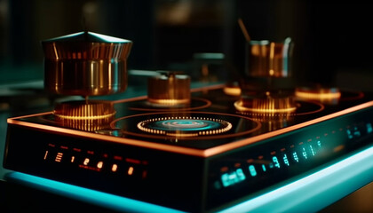 Fototapeta na wymiar Glowing blue stove top knob controls temperature generated by AI
