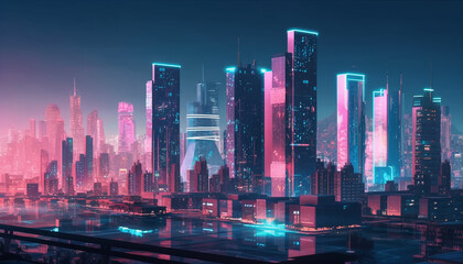 Illuminated skyline reflects modern city life at night generated by AI