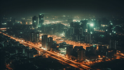 Fototapeta na wymiar Glowing city skyline at dusk, traffic blurs generated by AI