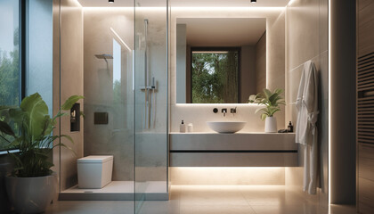 Elegant modern bathroom with bright lighting and marble generated by AI